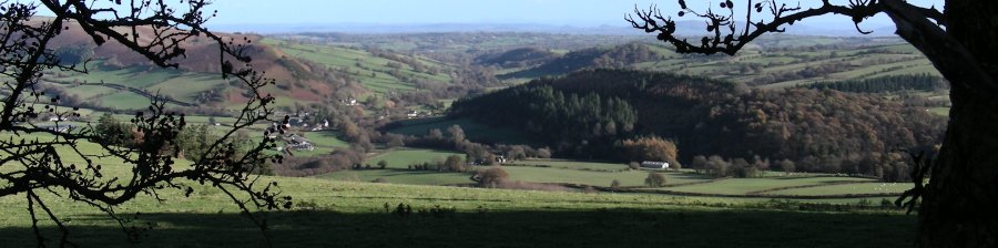 View below Cefn-hir towards Gladestry (centre) and Hergest Ridge (left).