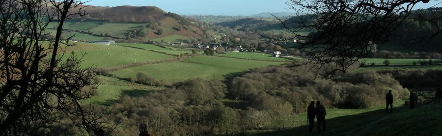 view at lunch just above Wood farm and Wain Wen below Cefn-hir, lookingtowards Hergest Ridge (left).