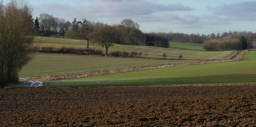 View across ploughed fields towards Benington House from the Chain Walk, east of the village of Benington.